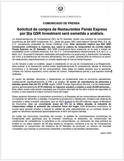 Solicitud de compra de Restaurantes Panda Express por Bia QSR Investment será sometida a análisis.<br />

