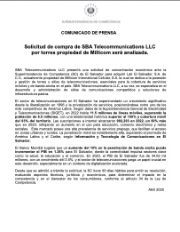 Solicitud de compra de SBA Telecommunications LLC por torres propiedad de Millicom será analizada.